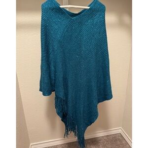 Chic Teal Knit Poncho with Fringe